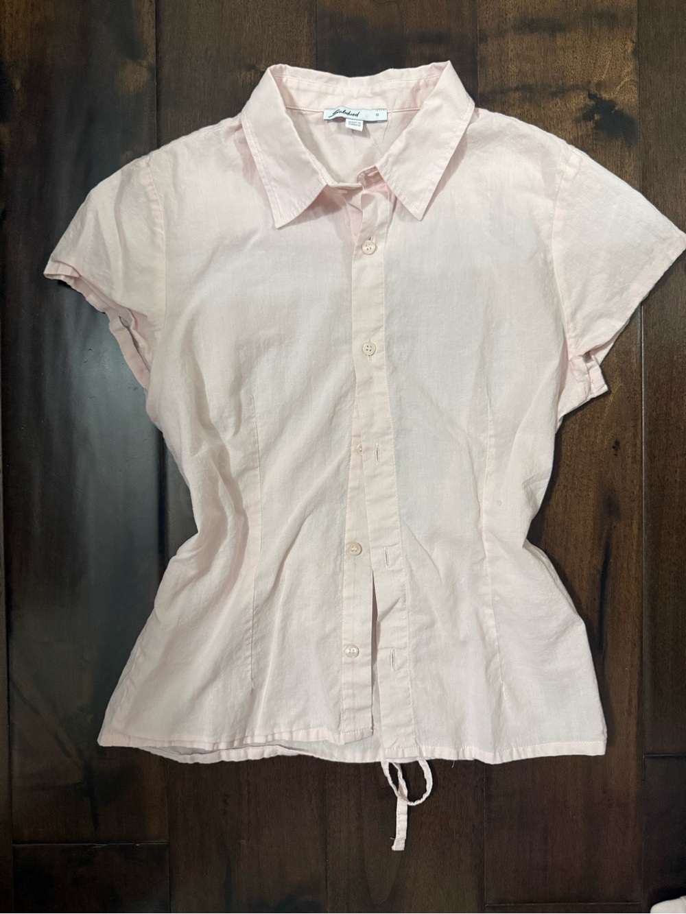 Light Pink Short-Sleeve Button Down Shirt with Drawcord
